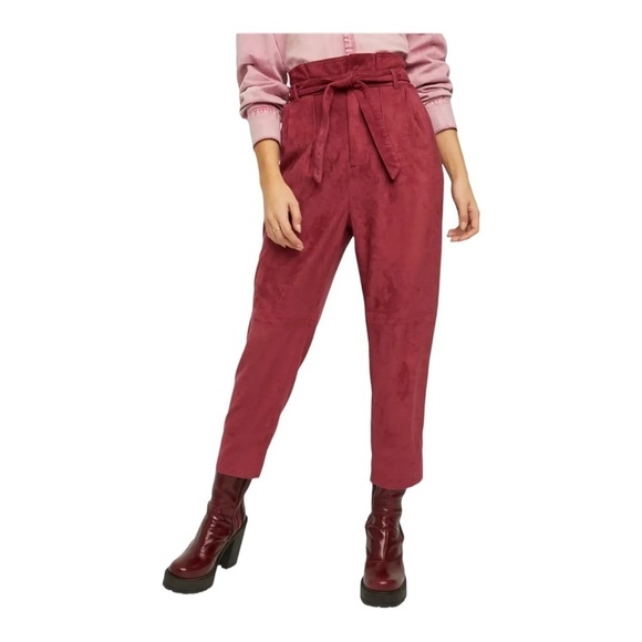 FREE PEOPLE Nightfall Suede Tie Waist Paperbag Pant Size 2 Pomegranate NWT - Picture 2 of 10